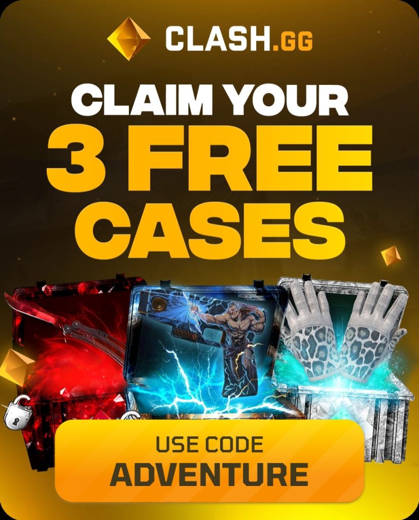Clash.gg promotional banner offering 3 free cases with referral code ADVENTURE